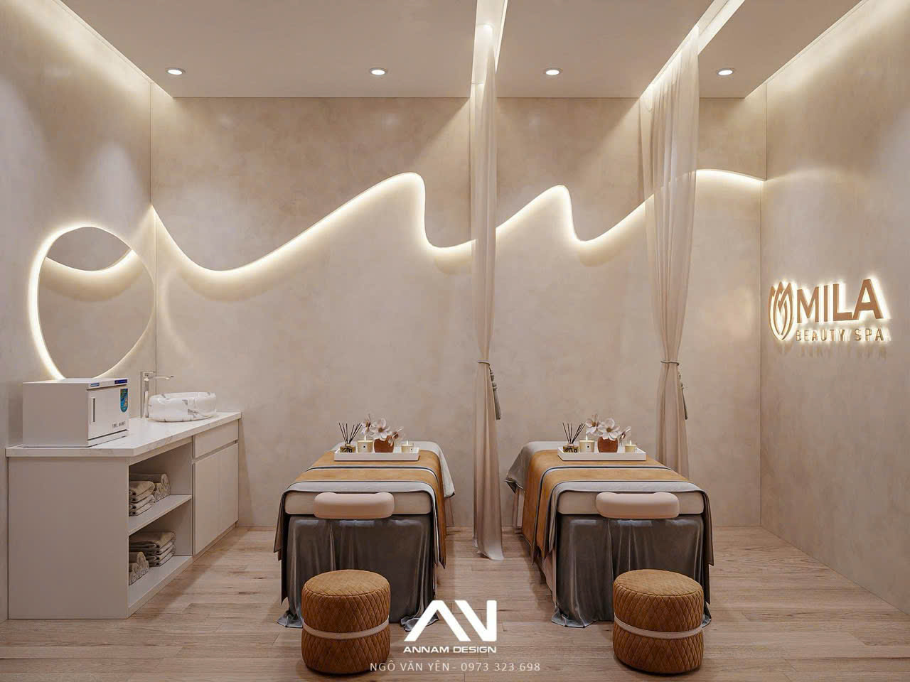 trang trí vách cong spa